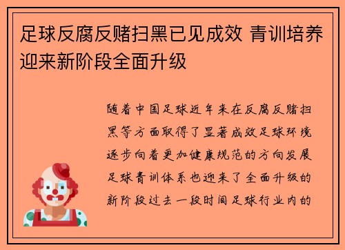 足球反腐反赌扫黑已见成效 青训培养迎来新阶段全面升级