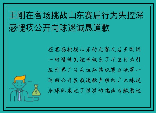 王刚在客场挑战山东赛后行为失控深感愧疚公开向球迷诚恳道歉